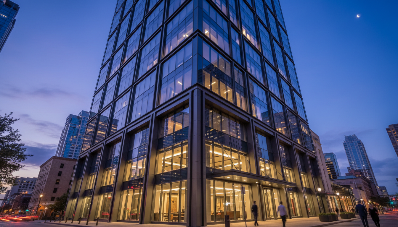 Modern commercial building in urban setting at dusk